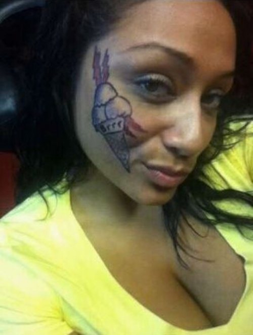 englishsurgeon.com. Photo showing regrettable face tattoo on beautiful girl. BCK Patel MD, FRCS, Salt Lake City